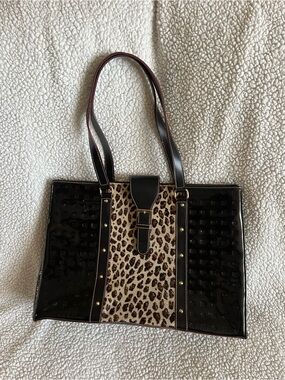 Arcadia Black Patent Tote with Leopard Center Panel